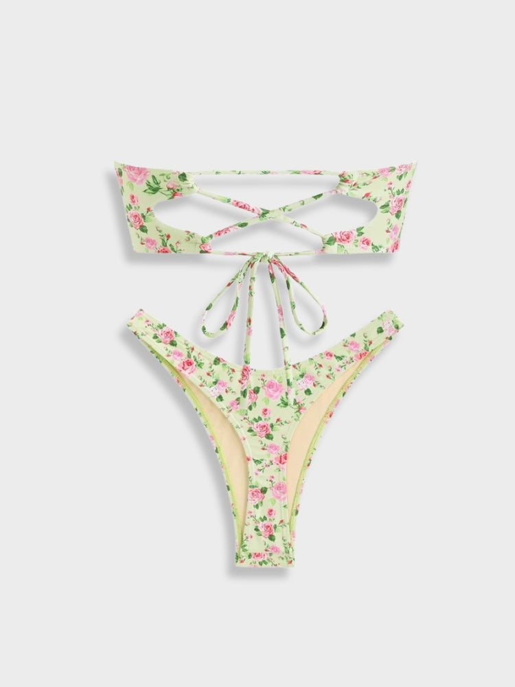 FLORAL PRINT BANDEAU BIKINI SET WITH STYLISH STRETCH FABRIC
