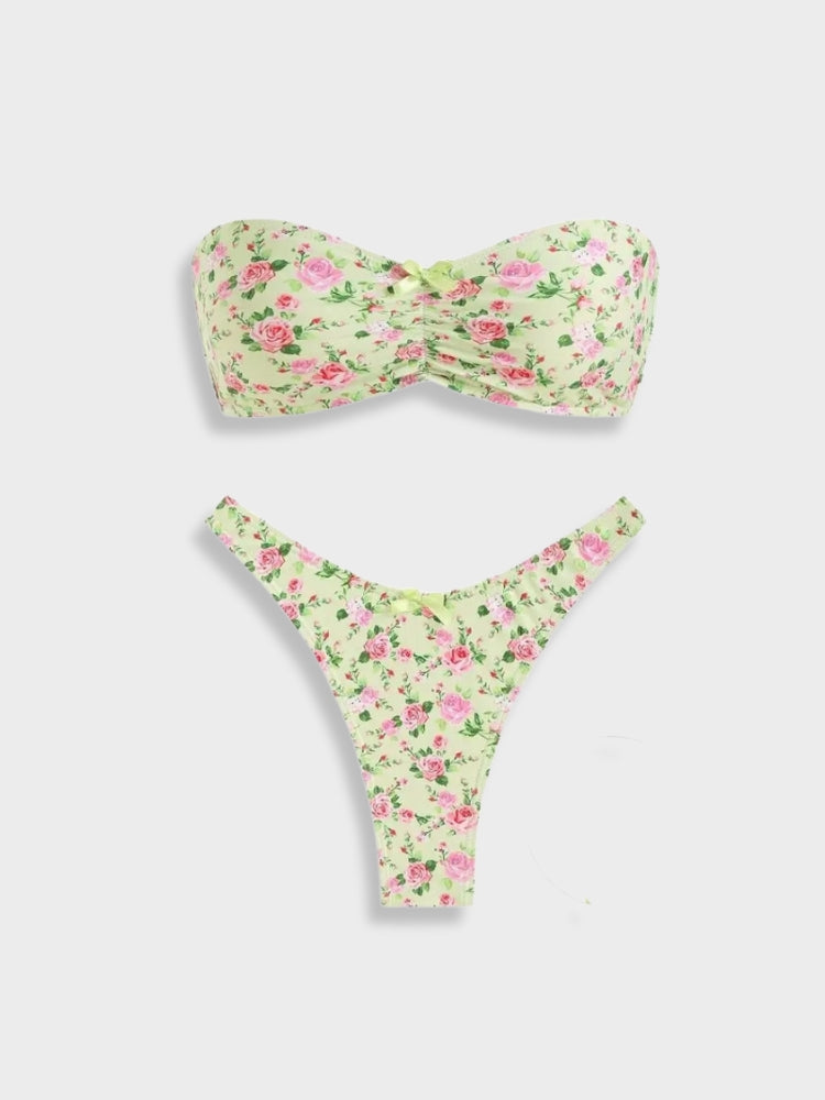 FLORAL PRINT BANDEAU BIKINI SET WITH STYLISH STRETCH FABRIC