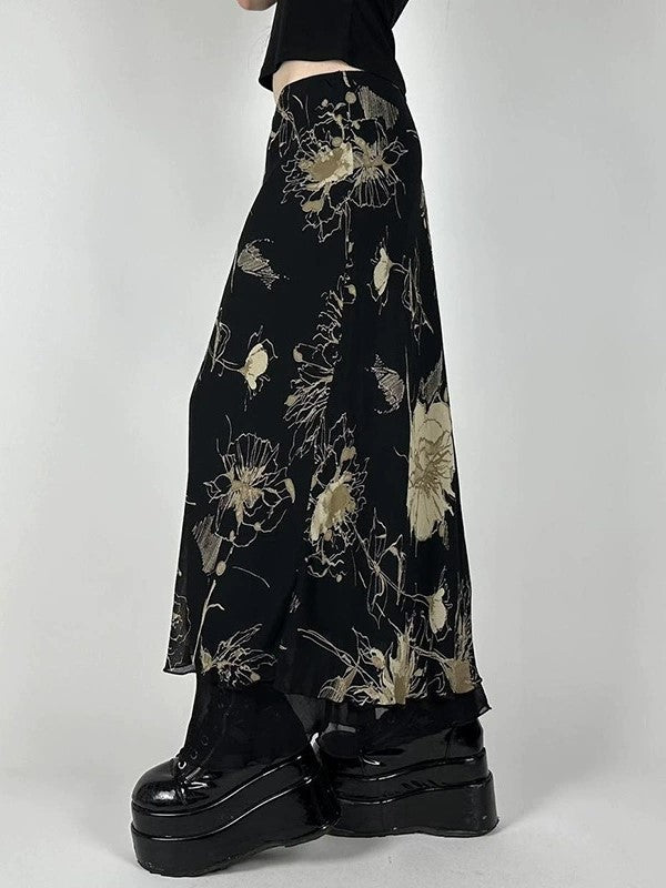 FLORAL PRINT MAXI SKIRT WITH LOW WAIST IN VINTAGE STYLES