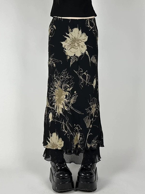 FLORAL PRINT MAXI SKIRT WITH LOW WAIST IN VINTAGE STYLES