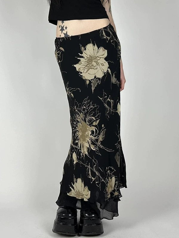 FLORAL PRINT MAXI SKIRT WITH LOW WAIST IN VINTAGE STYLES