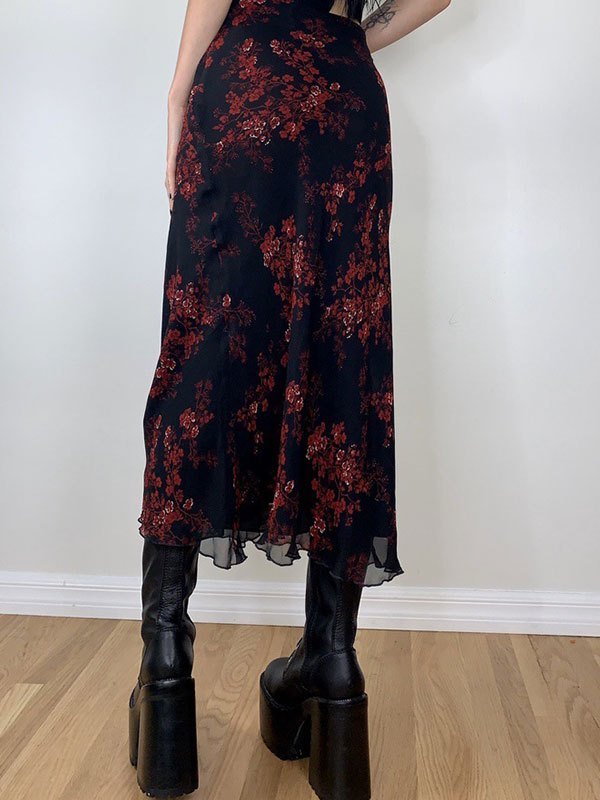 FLORAL PRINT MIDI SKIRT WITH MESH INSERTS