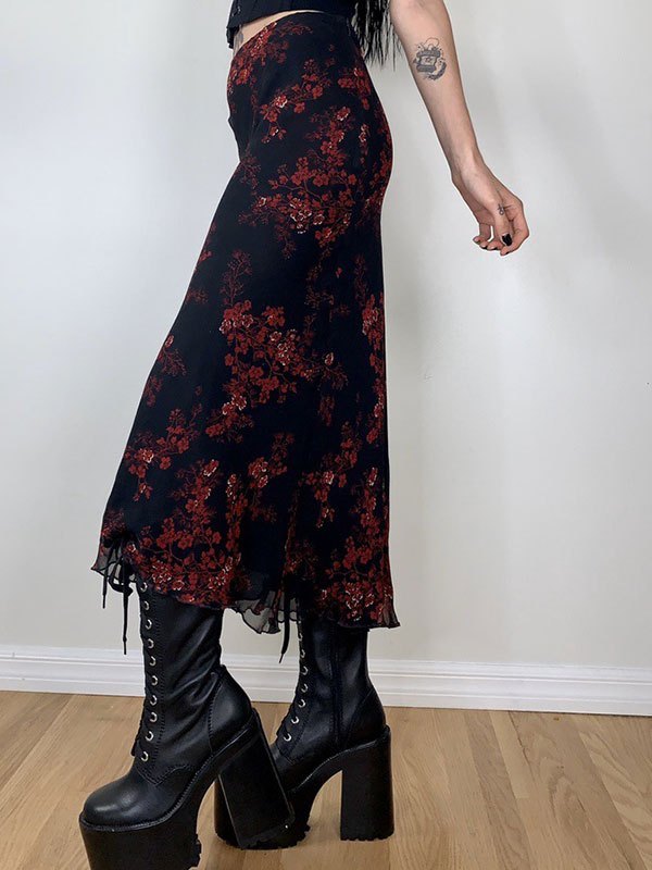 FLORAL PRINT MIDI SKIRT WITH MESH INSERTS