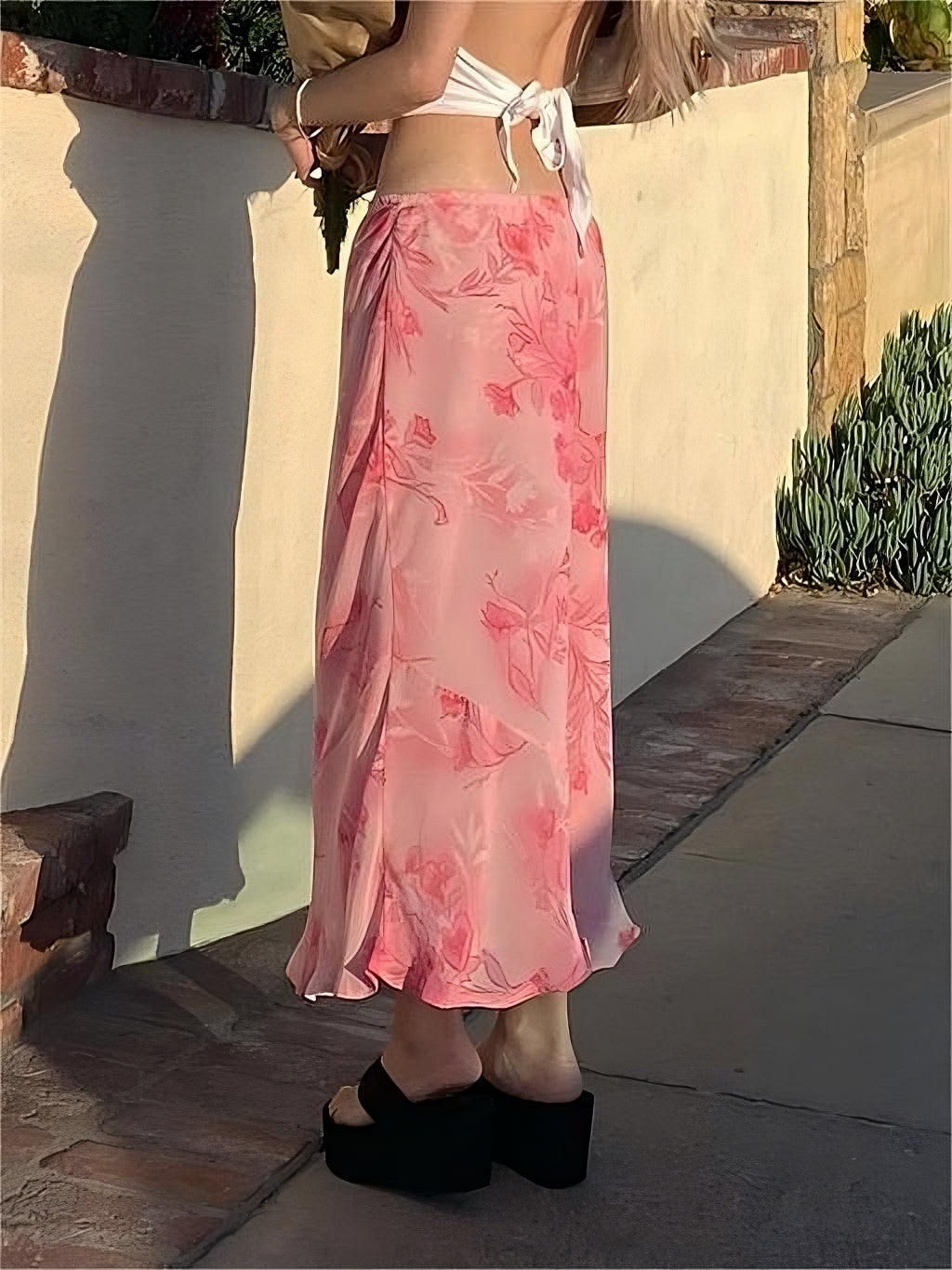 FLORAL PRINT MIDI SKIRT WITH PINK CHIFFON ELEMENTS