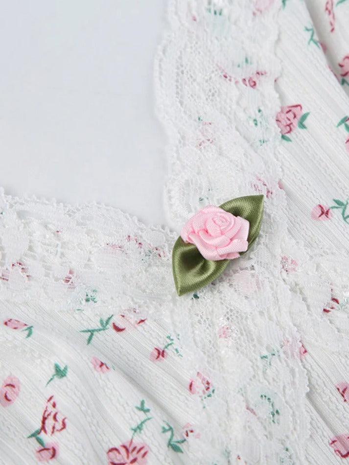 FLORAL PRINT ROMPER SET WITH CARDIGAN AND LACE TRIM