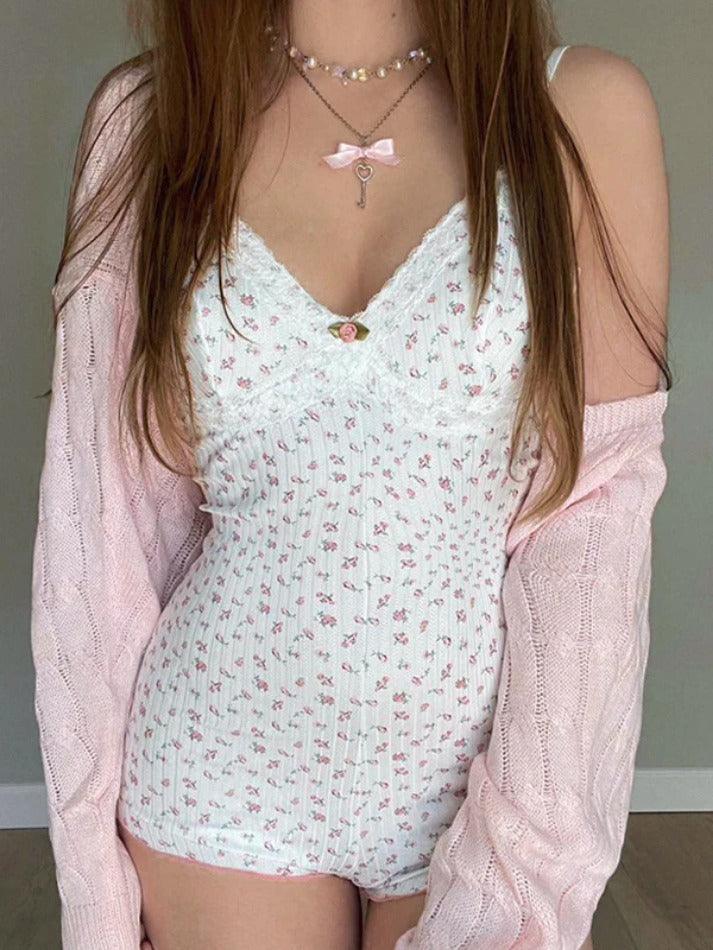 FLORAL PRINT ROMPER SET WITH CARDIGAN AND LACE TRIM