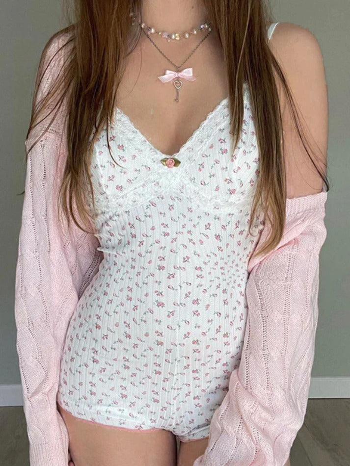 FLORAL PRINT ROMPER SET WITH CARDIGAN AND LACE TRIM