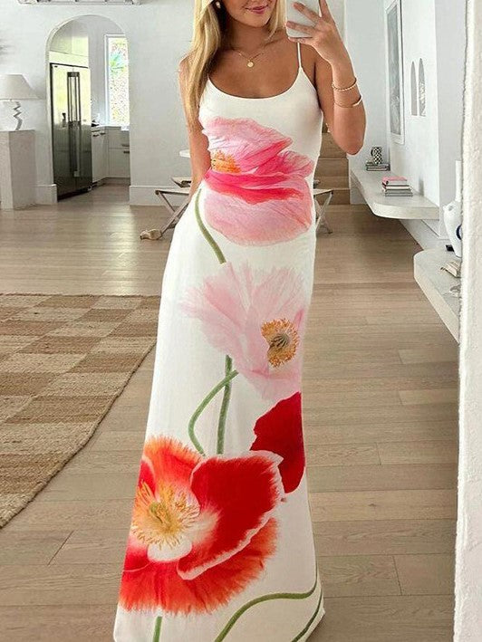 FLORAL PRINT SLIM FIT SPAGHETTI STRAP DRESS