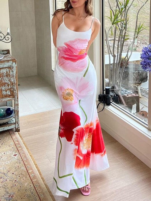 FLORAL PRINT SLIM FIT SPAGHETTI STRAP DRESS