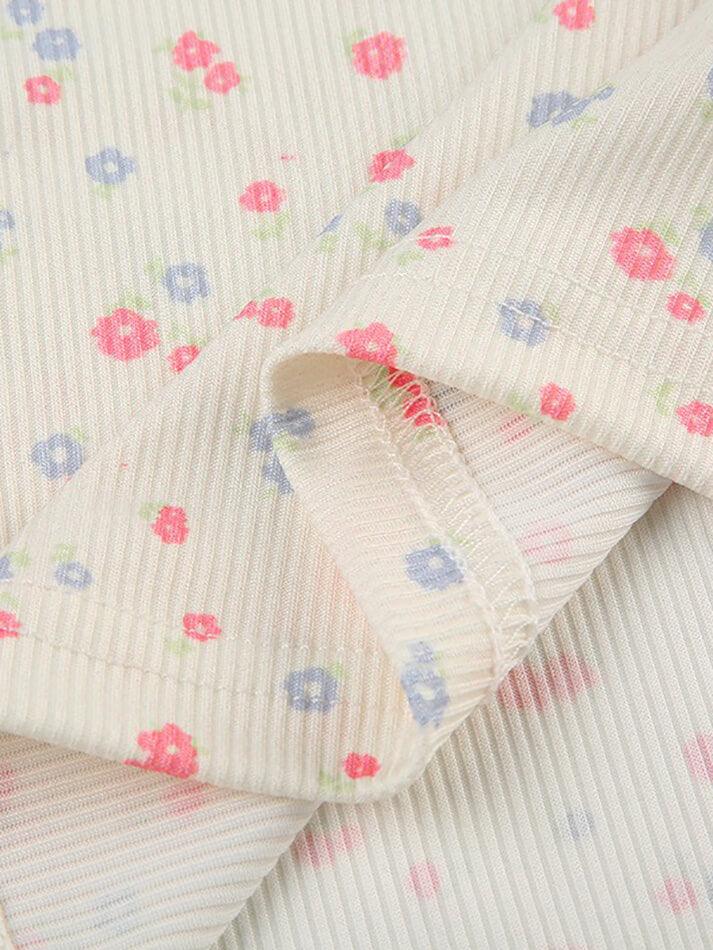 FLORAL PRINT TANK TOP WITH BLUE RIBBON ACCENTS SLIM FIT Y2K STYLE