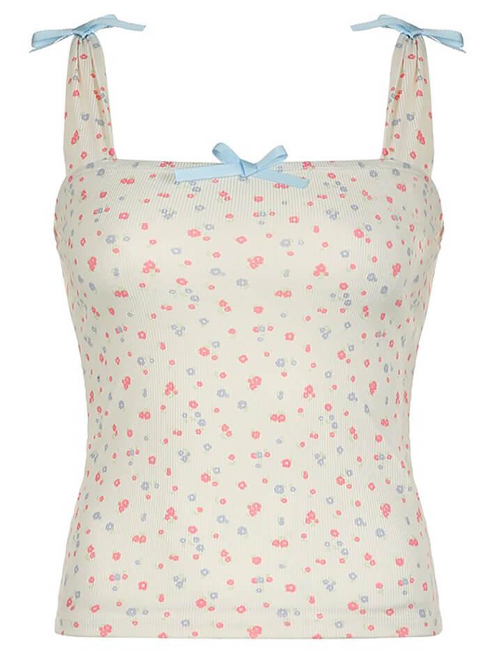 FLORAL PRINT TANK TOP WITH BLUE RIBBON ACCENTS SLIM FIT Y2K STYLE