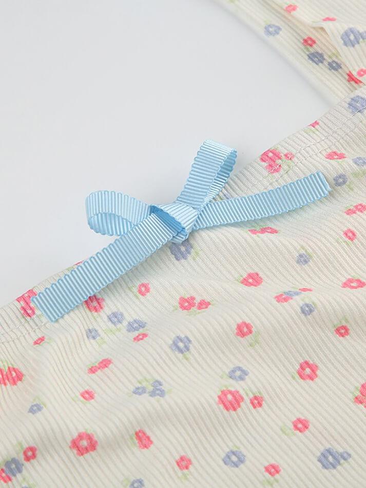 FLORAL PRINT TANK TOP WITH BLUE RIBBON ACCENTS SLIM FIT Y2K STYLE