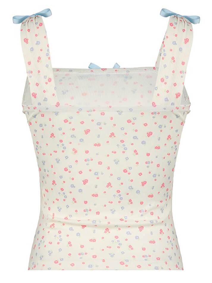 FLORAL PRINT TANK TOP WITH BLUE RIBBON ACCENTS SLIM FIT Y2K STYLE
