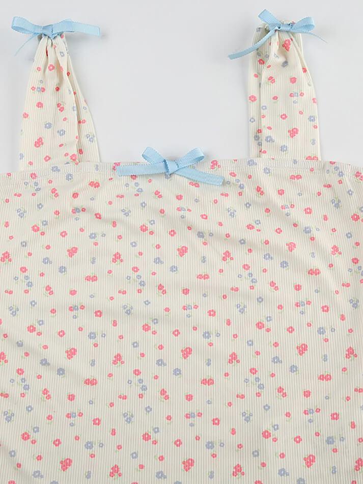 FLORAL PRINT TANK TOP WITH BLUE RIBBON ACCENTS SLIM FIT Y2K STYLE