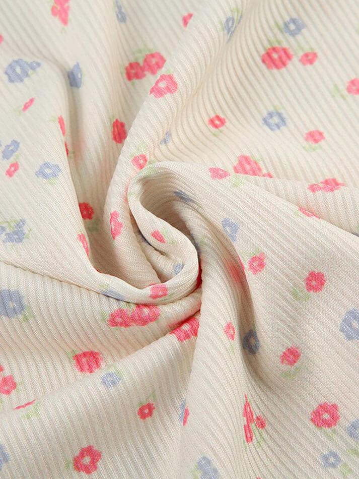 FLORAL PRINT TANK TOP WITH BLUE RIBBON ACCENTS SLIM FIT Y2K STYLE