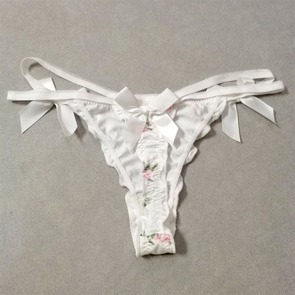 FLORAL PRINT THONG WITH PINK RIBBON ACCENTS