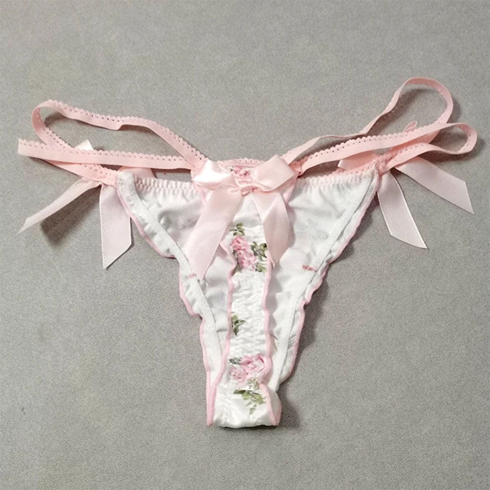 FLORAL PRINT THONG WITH PINK RIBBON ACCENTS