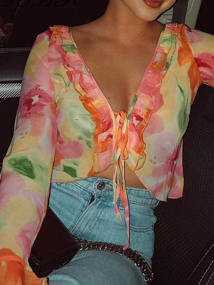 FLORAL PRINT TIE-FRONT BLOUSE IN RED VINTAGE DEEP