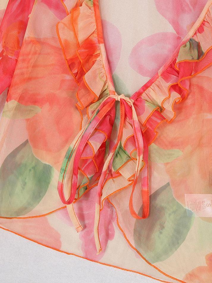 FLORAL PRINT TIE-FRONT BLOUSE IN RED VINTAGE DEEP