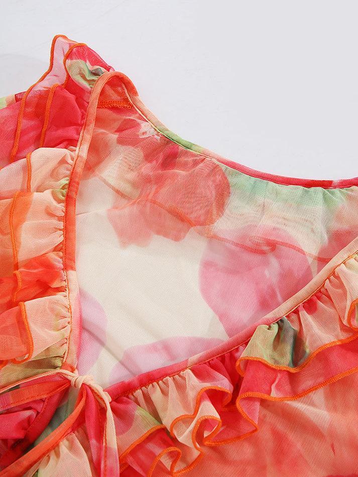 FLORAL PRINT TIE-FRONT BLOUSE IN RED VINTAGE DEEP