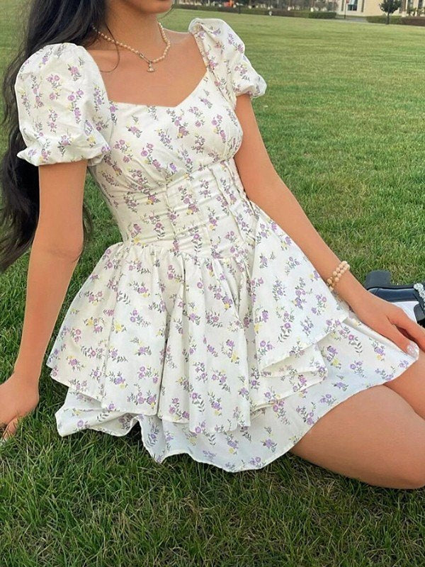 FLORAL PRINT TIERED MINI DRESS WITH SWEETHEART NECKLINE - CUTE Y2K MINI