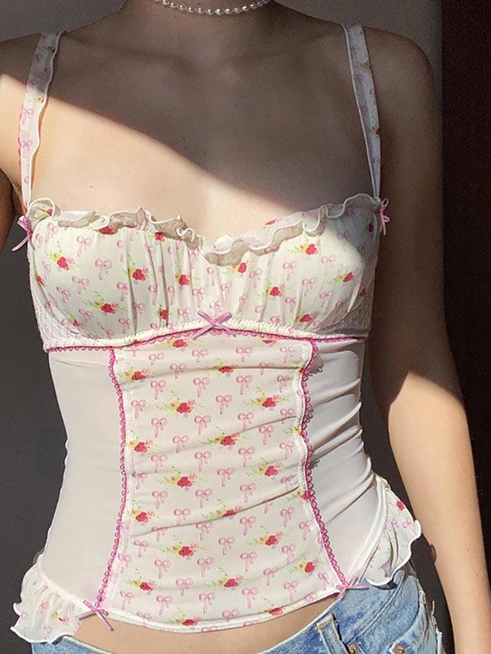 FLORAL RIBBON PATTERNED CORSET TOP CASUAL SLIM FIT