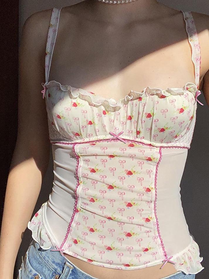 FLORAL RIBBON PATTERNED CORSET TOP CASUAL SLIM FIT