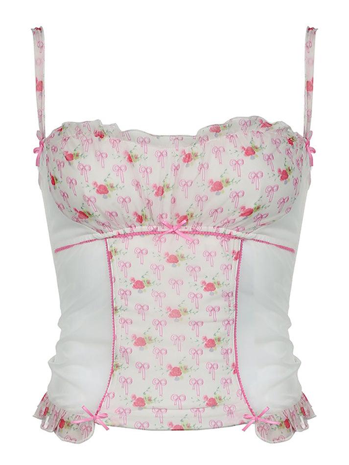 FLORAL RIBBON PATTERNED CORSET TOP CASUAL SLIM FIT