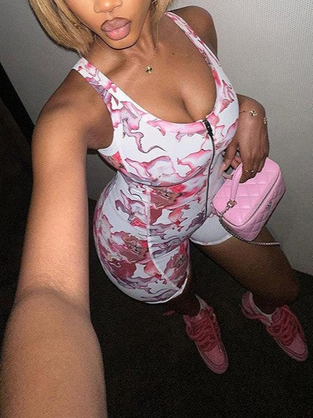 FLORAL ROMPER WITH FRONT ZIPPER - SLIM FIT VINTAGE PRINT ZIPPER