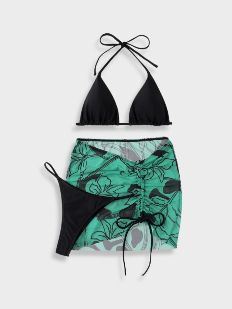 FLORAL THREE-PIECE SWIMSUIT SET - BLACK AND GREEN BIKINI SET