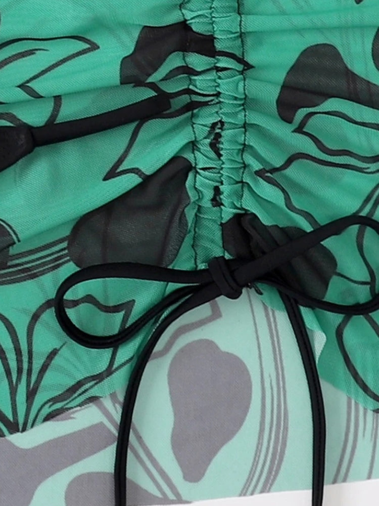 FLORAL THREE-PIECE SWIMSUIT SET - BLACK AND GREEN BIKINI SET