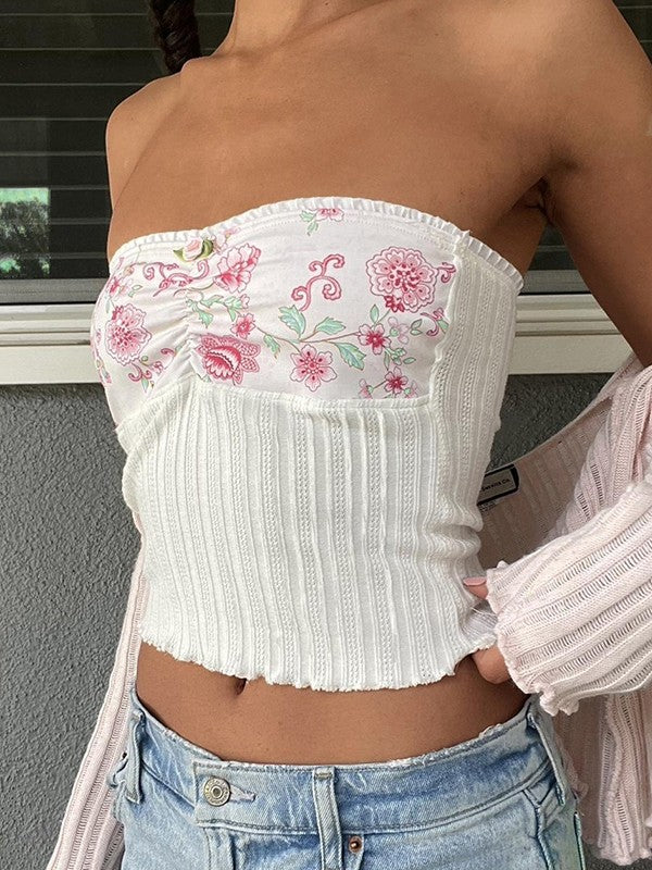 FLORAL TUBE TOP WITH RIBBED DESIGN - CUTE FLORAL KNIT