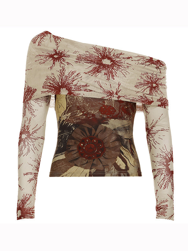 FLORAL VINTAGE-INSPIRED ONE-SHOULDER TOP WITH CHAIN BELT