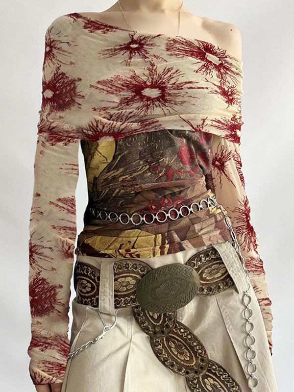 FLORAL VINTAGE-INSPIRED ONE-SHOULDER TOP WITH CHAIN BELT