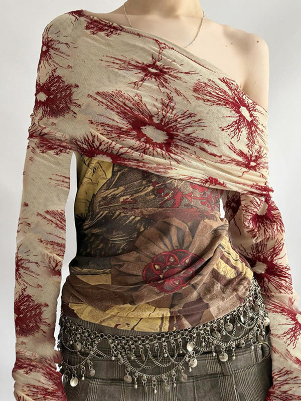 FLORAL VINTAGE-INSPIRED ONE-SHOULDER TOP WITH CHAIN BELT