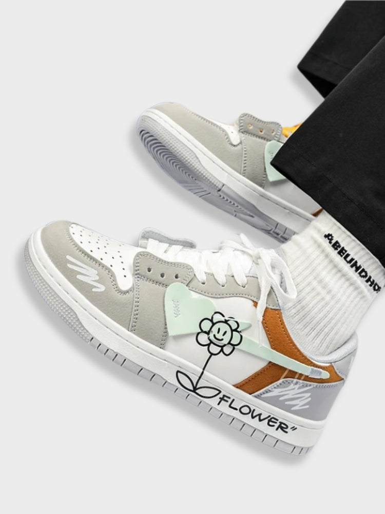 FLOWER DESIGN SYNTHETIC LEATHER SNEAKERS - 2 PIECE SET