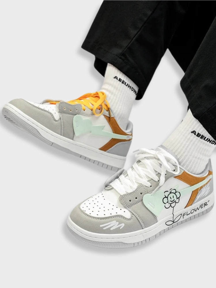 FLOWER DESIGN SYNTHETIC LEATHER SNEAKERS - 2 PIECE SET