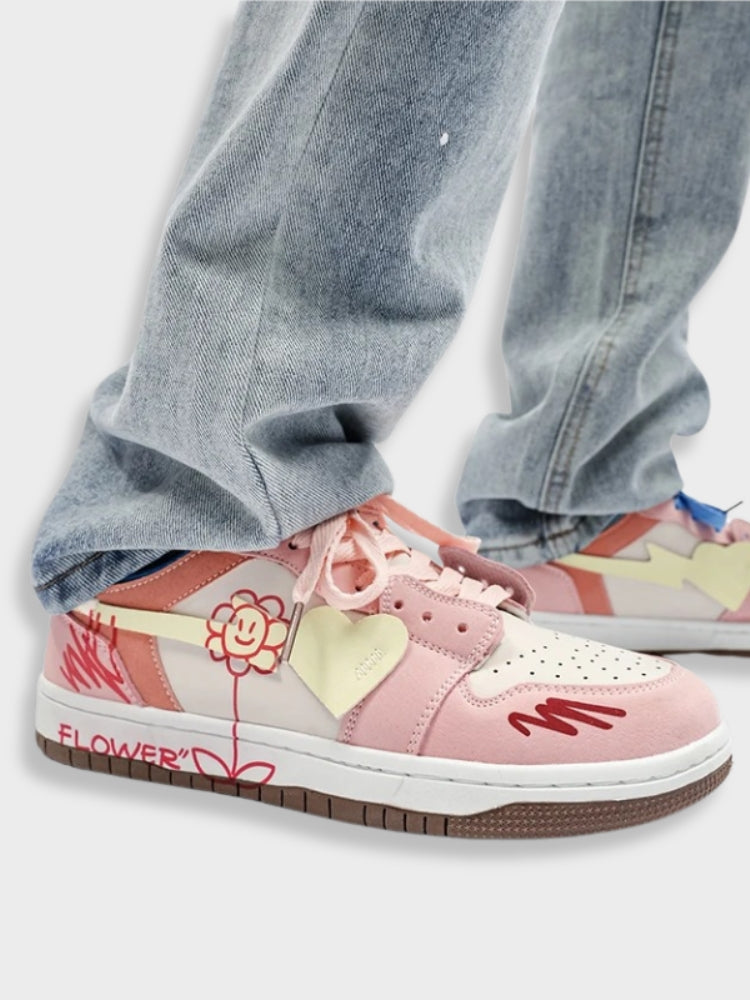 FLOWER DESIGN SYNTHETIC LEATHER SNEAKERS - 2 PIECE SET