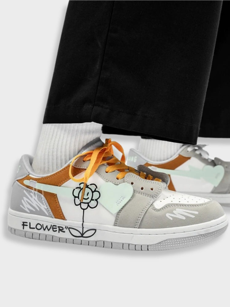 FLOWER DESIGN SYNTHETIC LEATHER SNEAKERS - 2 PIECE SET