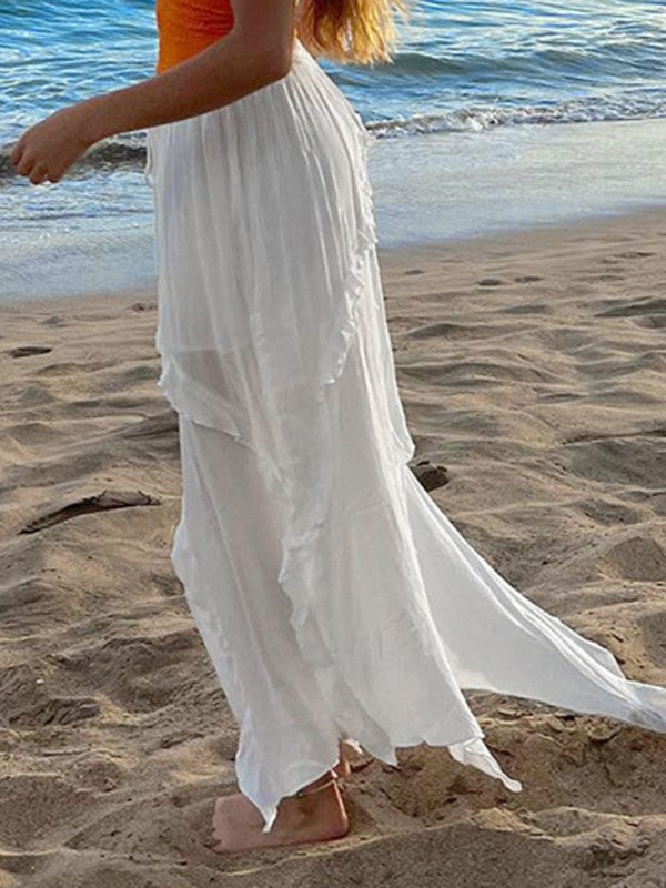 FLOWING WHITE MAXI SKIRT WITH COWBOY BOOTS VINTAGE SLIT LACE DETAIL