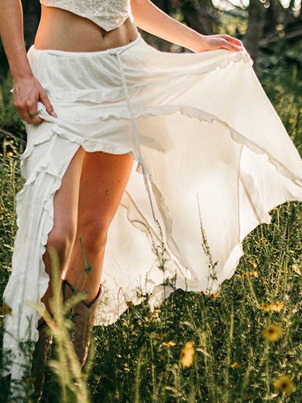 FLOWING WHITE MAXI SKIRT WITH COWBOY BOOTS VINTAGE SLIT LACE DETAIL