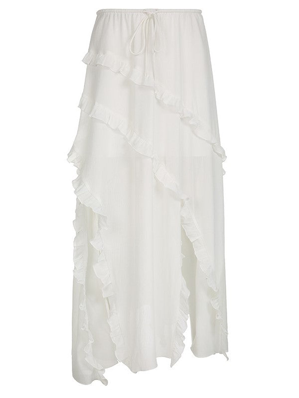 FLOWING WHITE MAXI SKIRT WITH COWBOY BOOTS VINTAGE SLIT LACE DETAIL