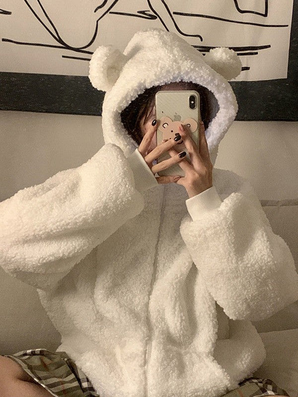 FLUFFY WHITE BEAR-EARED HOODIE UNIQUE EAR HOOD