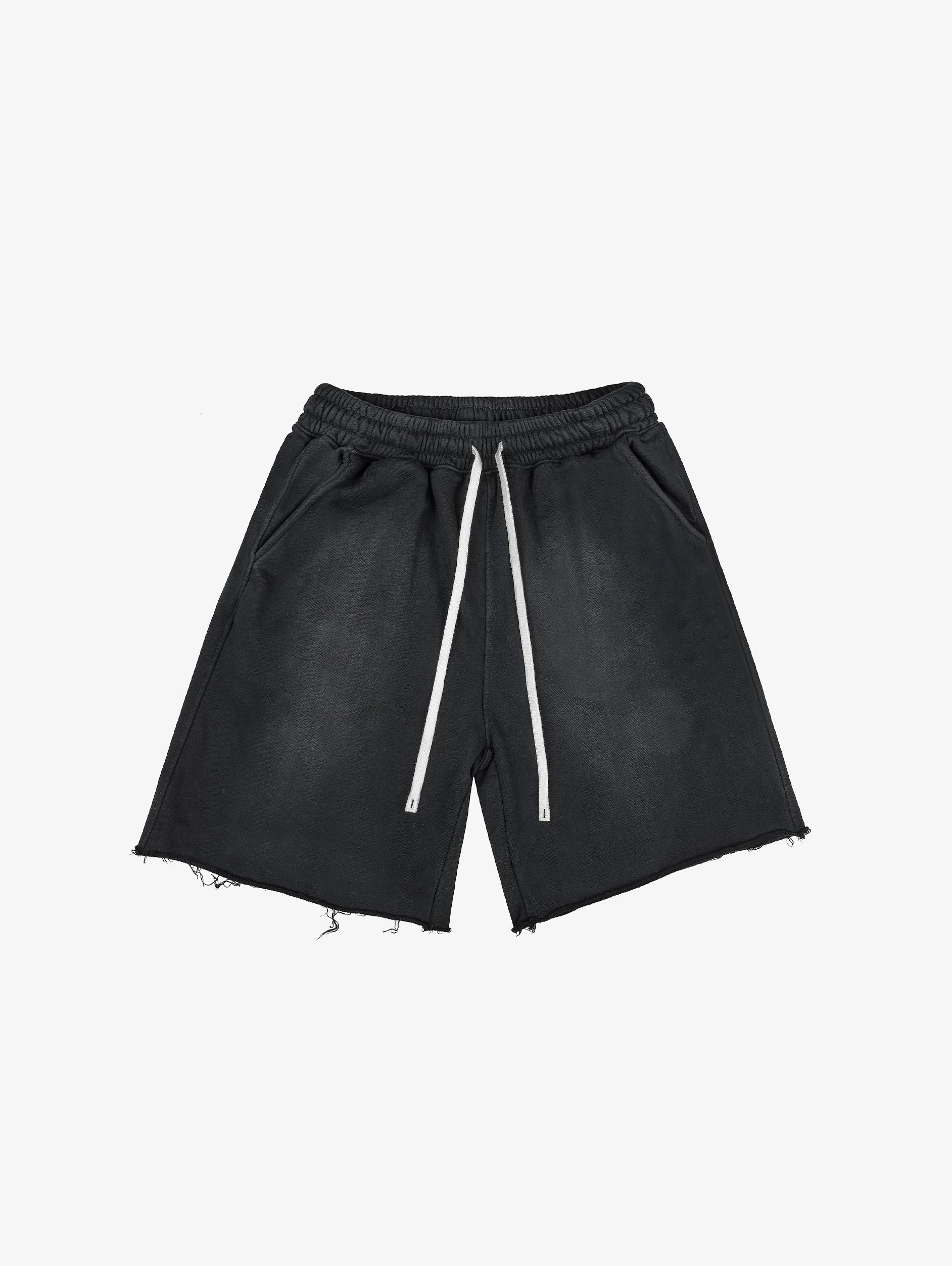 FRAYED-HEM BLACK DENIM SHORTS HANDMADE COTTON SUNFADED SPRAY BLACK