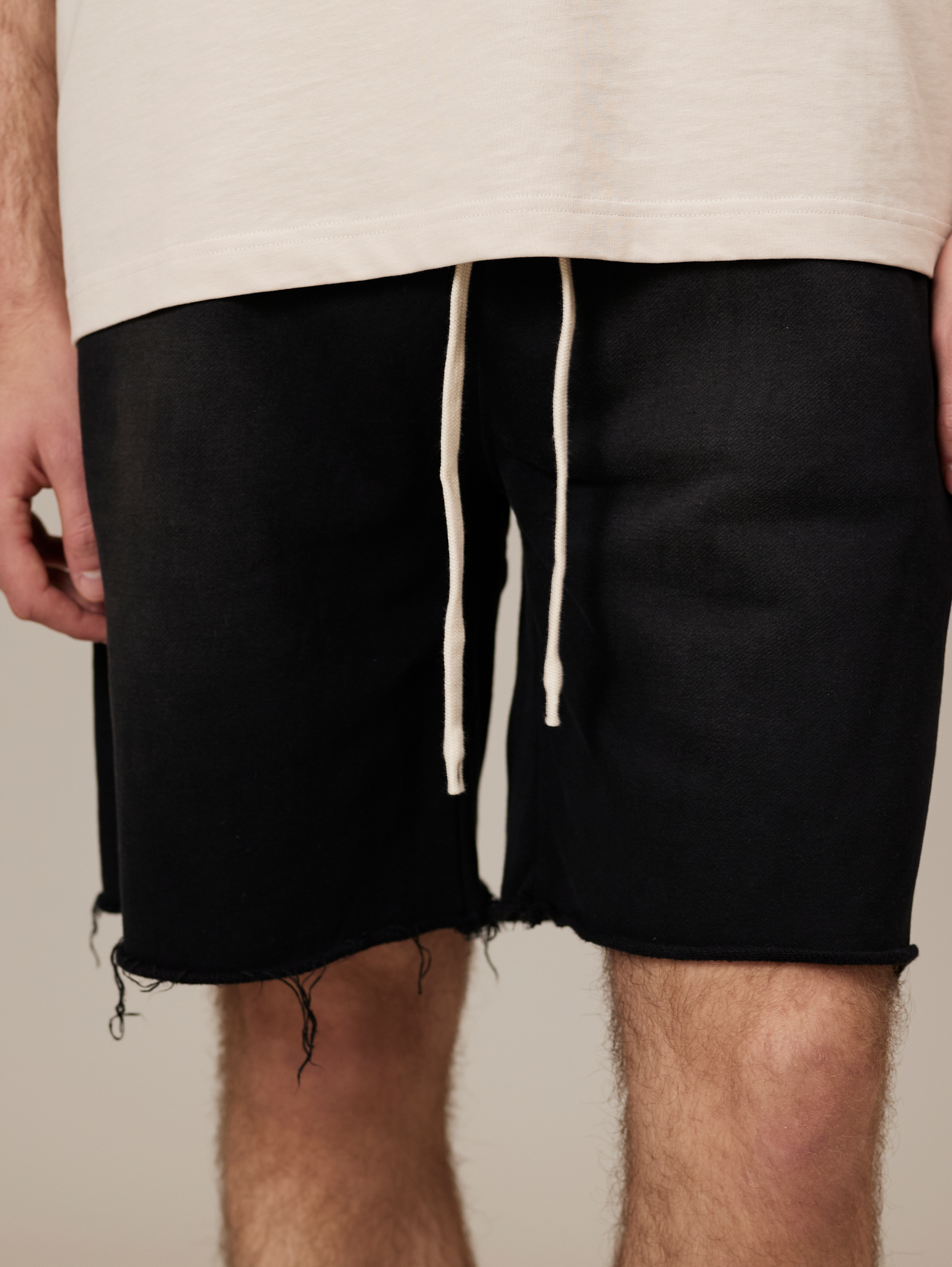 FRAYED-HEM BLACK DENIM SHORTS HANDMADE COTTON SUNFADED SPRAY BLACK
