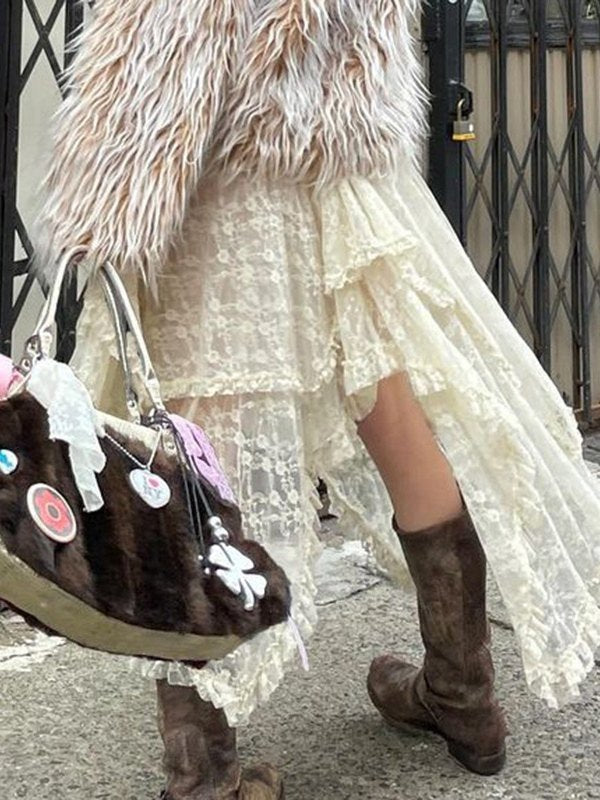 FURRY BROWN HANDBAG WITH CHARMS FOR SLIM FIT MIDI SKIRTS