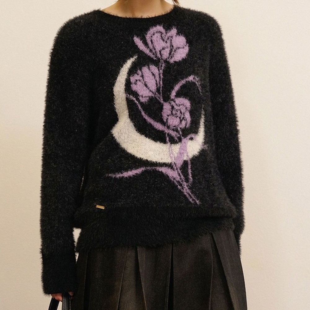 FUZZY BLACK SWEATER PURPLE ROSE MOON GRAPHIC