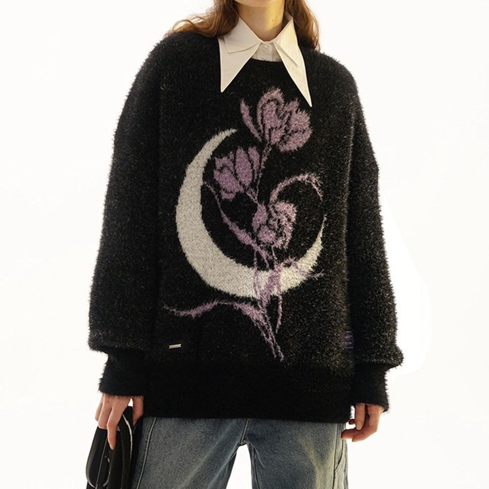 FUZZY BLACK SWEATER PURPLE ROSE MOON GRAPHIC