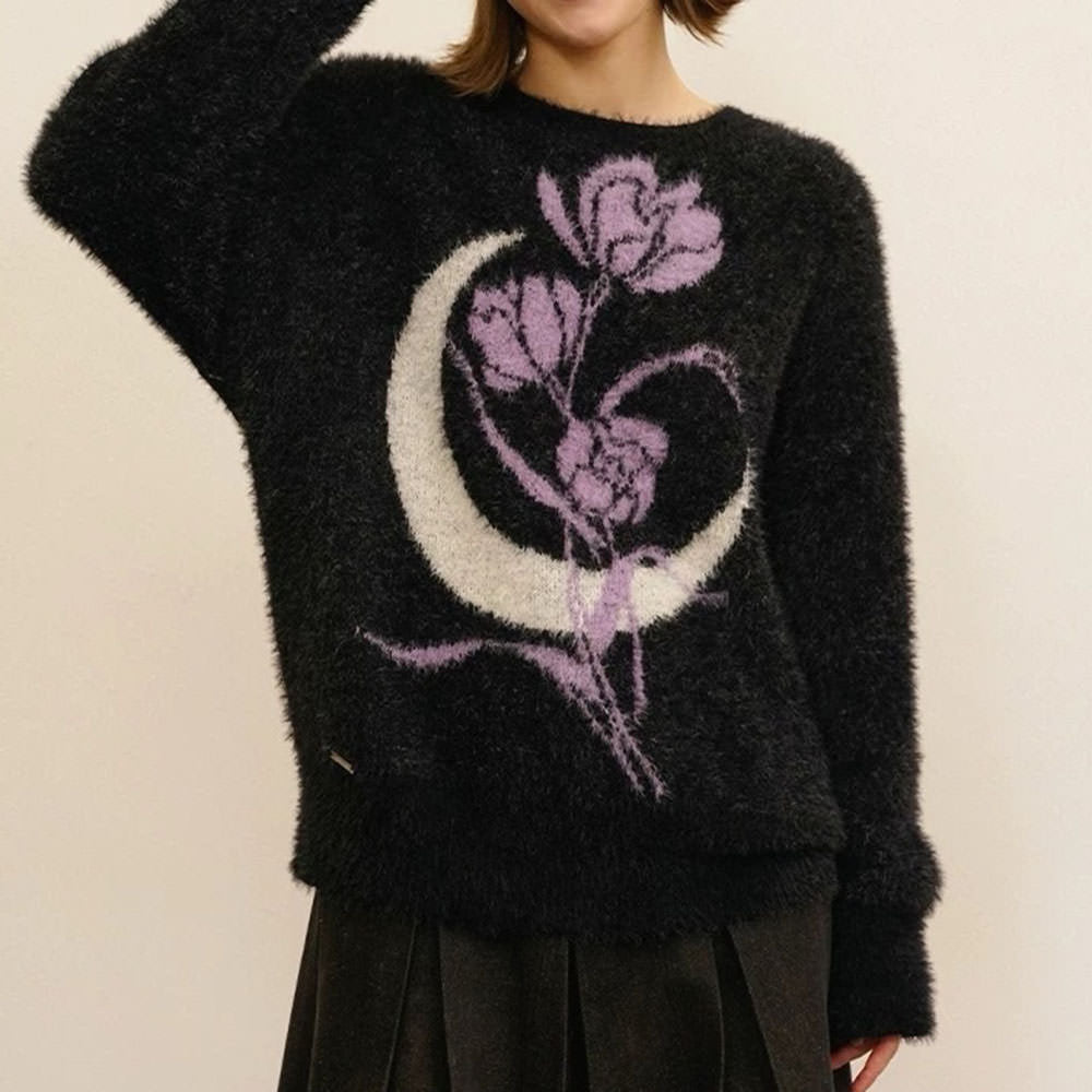 FUZZY BLACK SWEATER PURPLE ROSE MOON GRAPHIC