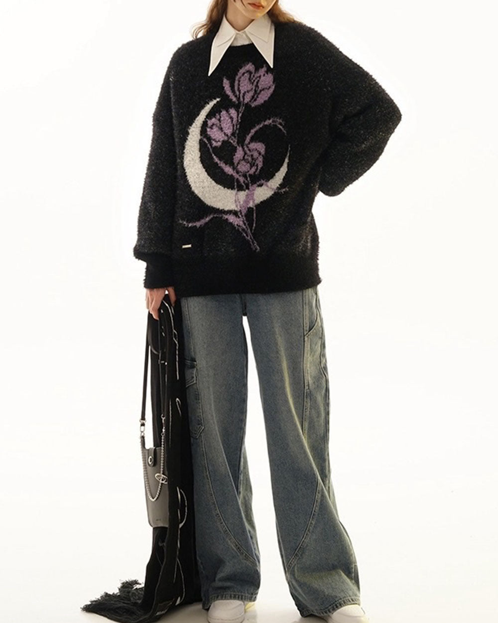 FUZZY BLACK SWEATER PURPLE ROSE MOON GRAPHIC